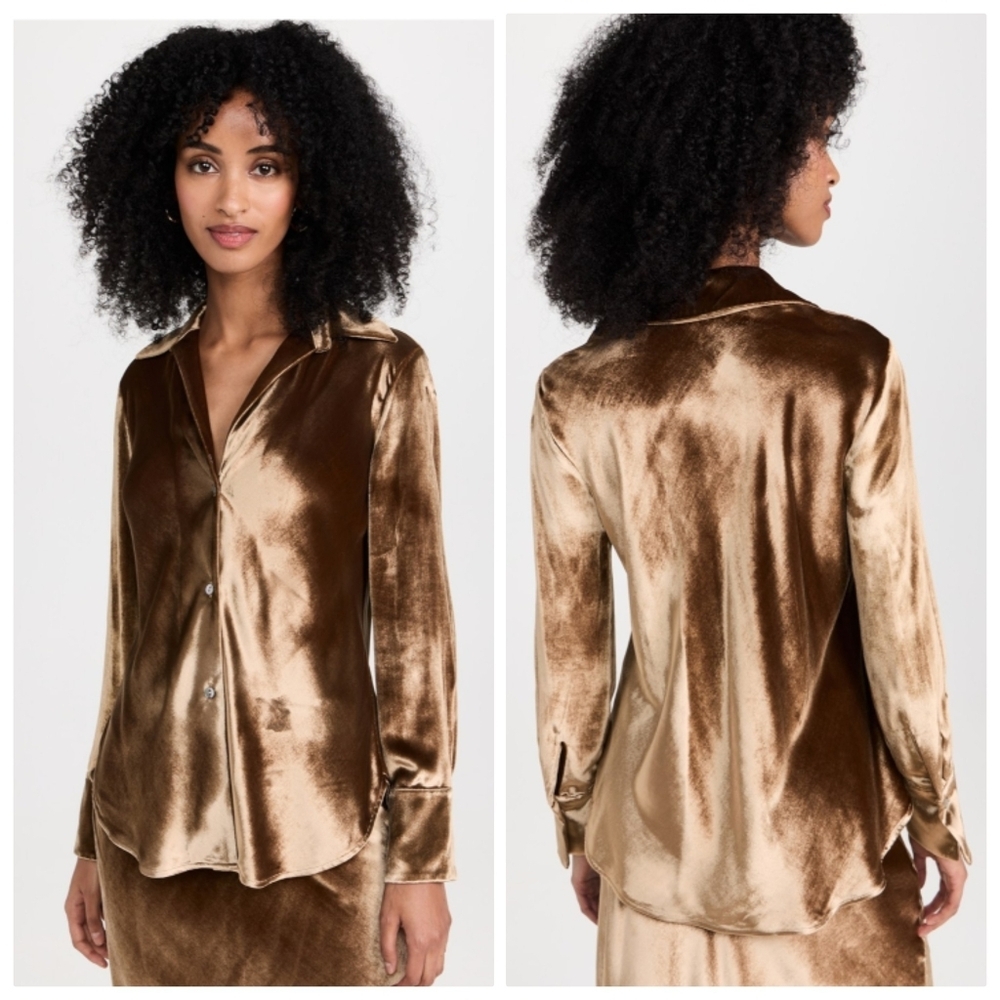 Vince Bias Long Sleeve Shirt Gold Velour Button Down Blouse Women's Size 1X - Picture 2 of 9